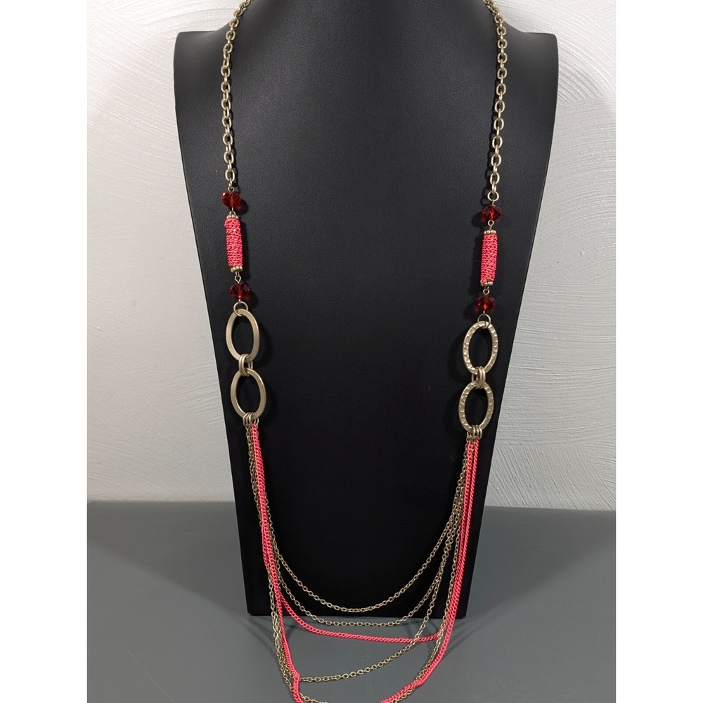Long Gold Tone Multi Chain Necklace Pink Red Glass Beads Hammered 40 in